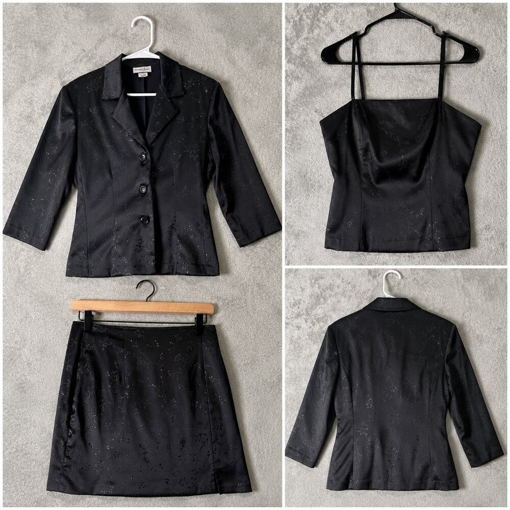 Vintage Y2K Black Satin Glitter Floral 3 Piece Skirt Suit Cami Office Siren S